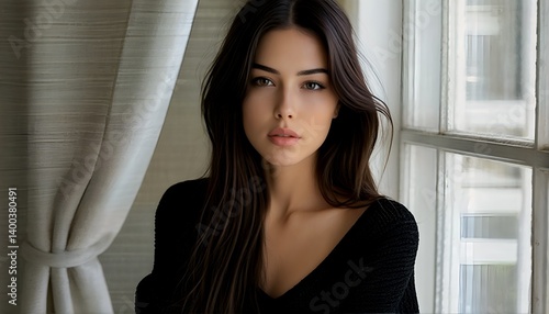 a strikingly beautiful woman with long dark hair gazes directly at the viewer, framed by soft window light and draped curtains. Free Download a strikingly beautiful woman with long dark hair gazes directly at the viewer, framed by soft window light and draped curtains. - GFXLoad
