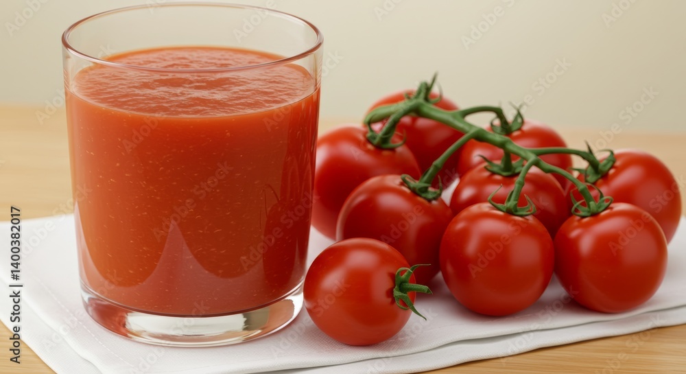 Freshly Squeezed Tomato Juice Still Life with Ripe Tomatoes on the Vine Freshly Squeezed Tomato Juice Still Life with Ripe Tomatoes on the Vine