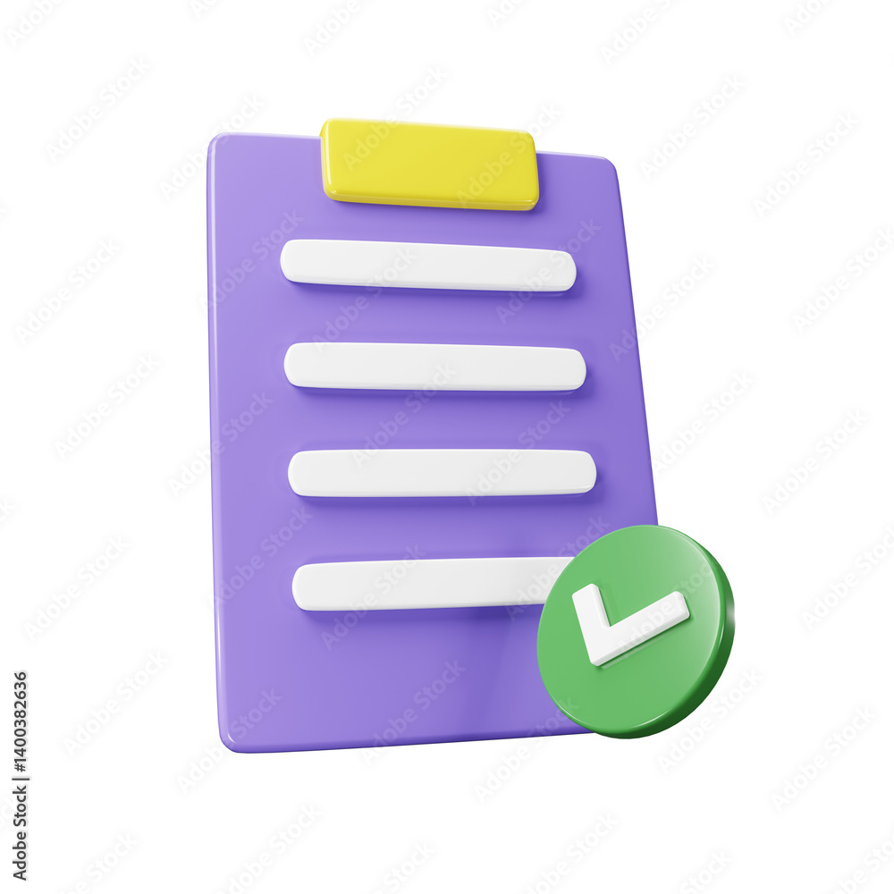 3d render of checklist task icon. Purple clipboard with green checkmark illustration 3d render of checklist task icon. Purple clipboard with green checkmark illustration