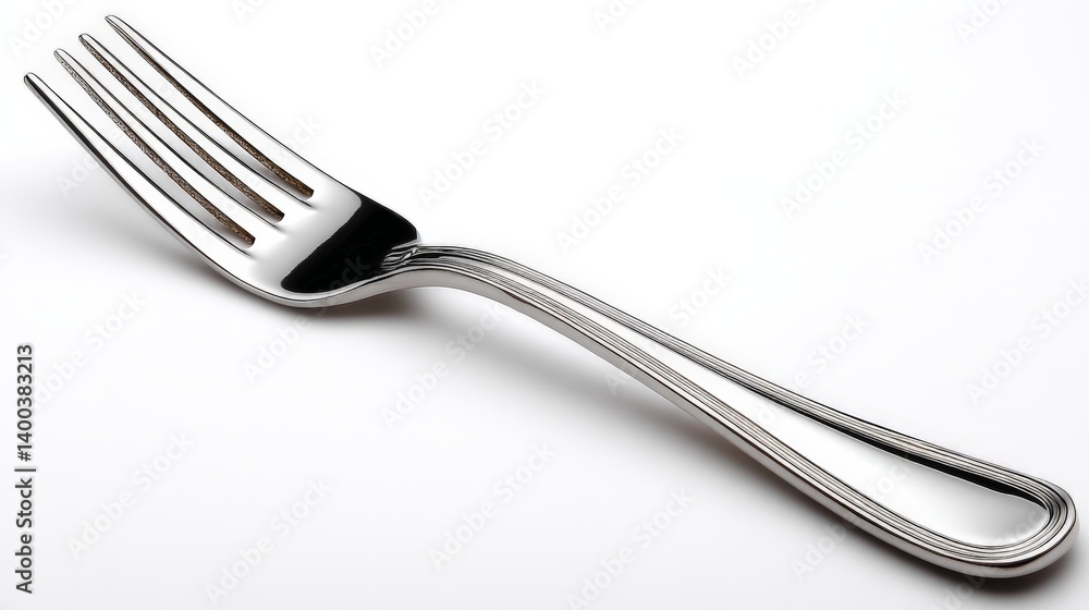 Isolated metallic fork with curving tines placed on white surface in bright lighting representing simplicity elegance and functional culinary design as product object image Isolated metallic fork with curving tines placed on white surface in bright lighting representing simplicity elegance and functional culinary design as product object image