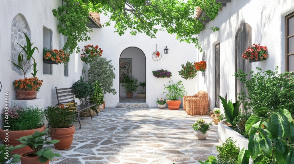 Naklejka premium Charming Mediterranean Courtyard with Lush Greenery and Stone Pavement in a Tranquil Setting for Relaxation and Peaceful Retreat