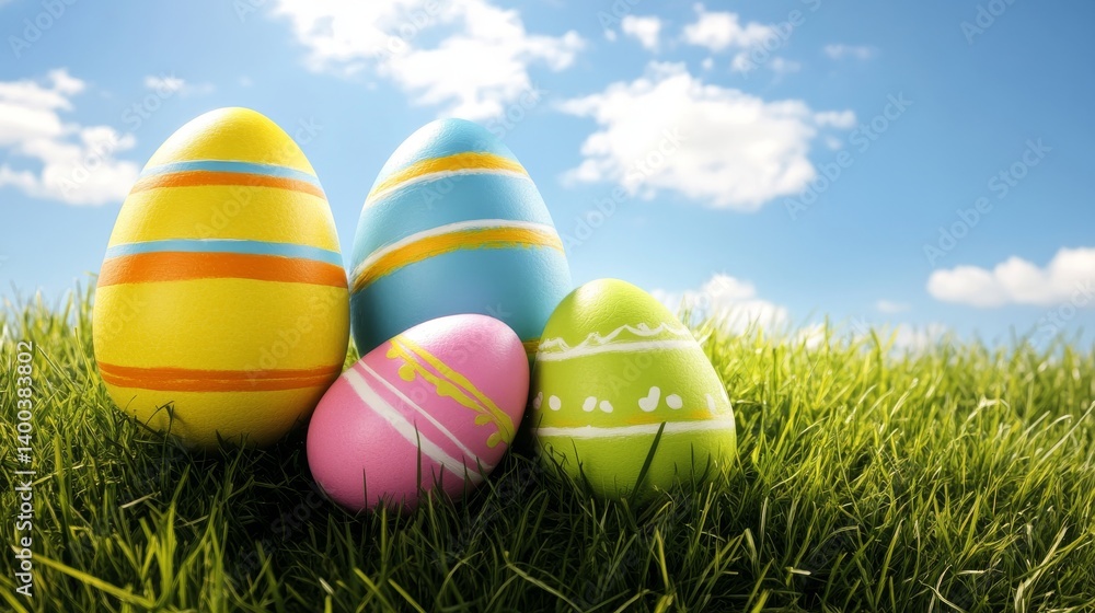 Fototapeta premium Colorful easter eggs nestled in a vibrant green grass field under a bright blue sky.