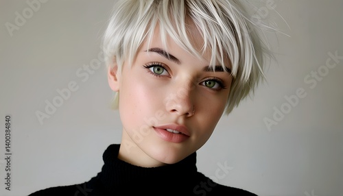 Wallpaper Mural a close-up portrait of a young woman with a short, textured blonde hairstyle and striking green eyes wearing a black turtleneck against a neutral background. Torontodigital.ca