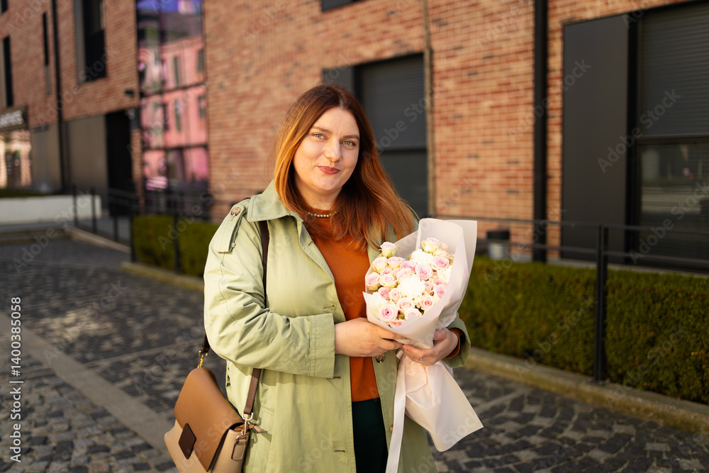 A joyful woman smiles as she holds a bouquet of flowers in an urban setting with modern brick buildings and greenery in the background. She's dressed stylishly in a green coat and brown accessories.