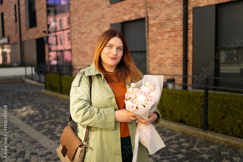 Obraz na płótnie A joyful woman smiles as she holds a bouquet of flowers in an urban setting with modern brick buildings and greenery in the background. She's dressed stylishly in a green coat and brown accessories. w salonie