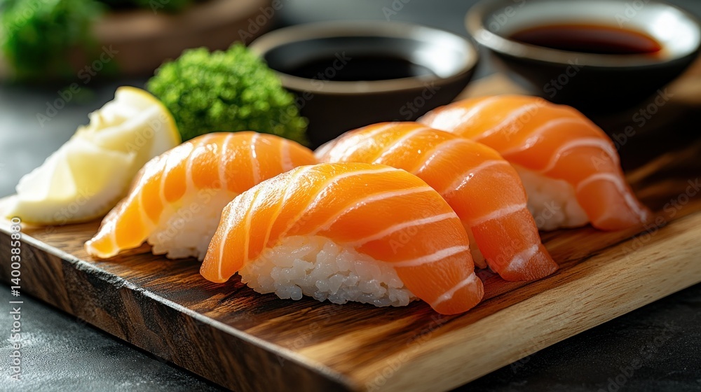 Fresh salmon sushi on wooden board Fresh salmon sushi on wooden board