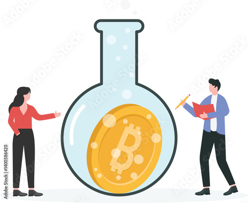 Bitcoin symbol integrates with a technological design and a laboratory flask filled with liquid. Ideal for education technology

