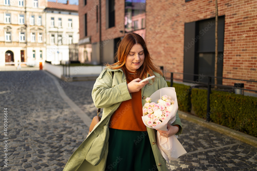 A woman in a green coat and orange sweater holds a bouquet of flowers while looking at her phone, walking down a cobblestone street in a modern urban area. The sun is shining on a beautiful day