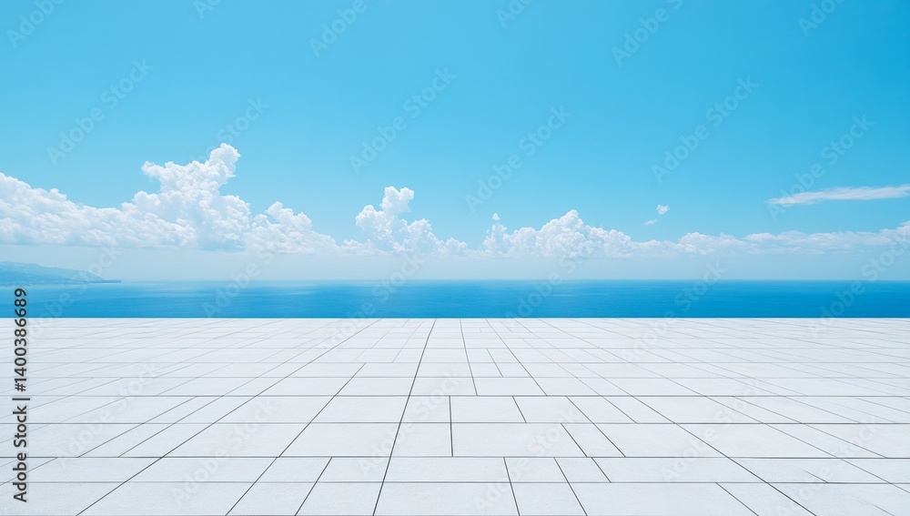 Empty white tiled platform overlooking a vast expanse of blue ocean and sky with scattered clouds Empty white tiled platform overlooking a vast expanse of blue ocean and sky with scattered clouds