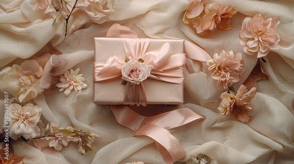 Aesthetic gift presentation with satin pink ribbon and floral accents surrounded by pastel-toned elements on soft cloth Aesthetic gift presentation with satin pink ribbon and floral accents surrounded by pastel-toned elements on soft cloth