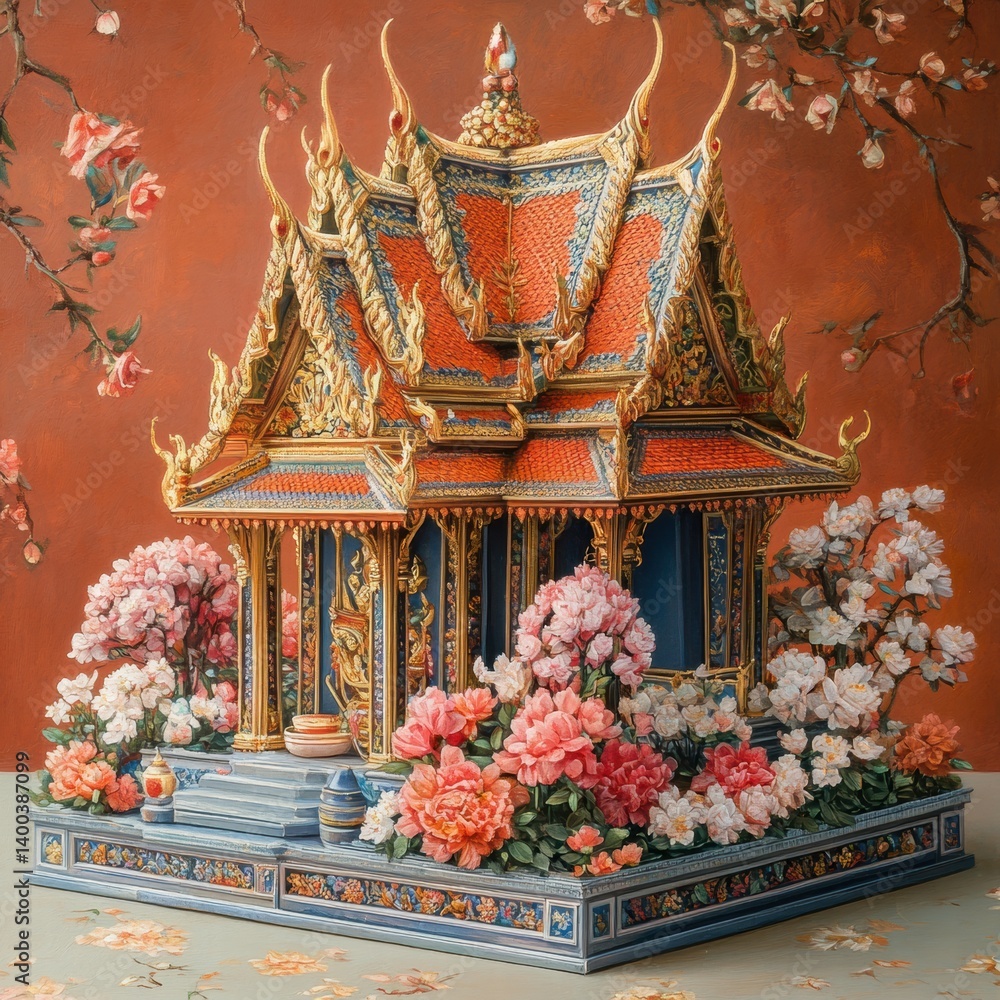 Obraz premium Ornate Thai Temple Surrounded by Colorful Blooms and Floral Details