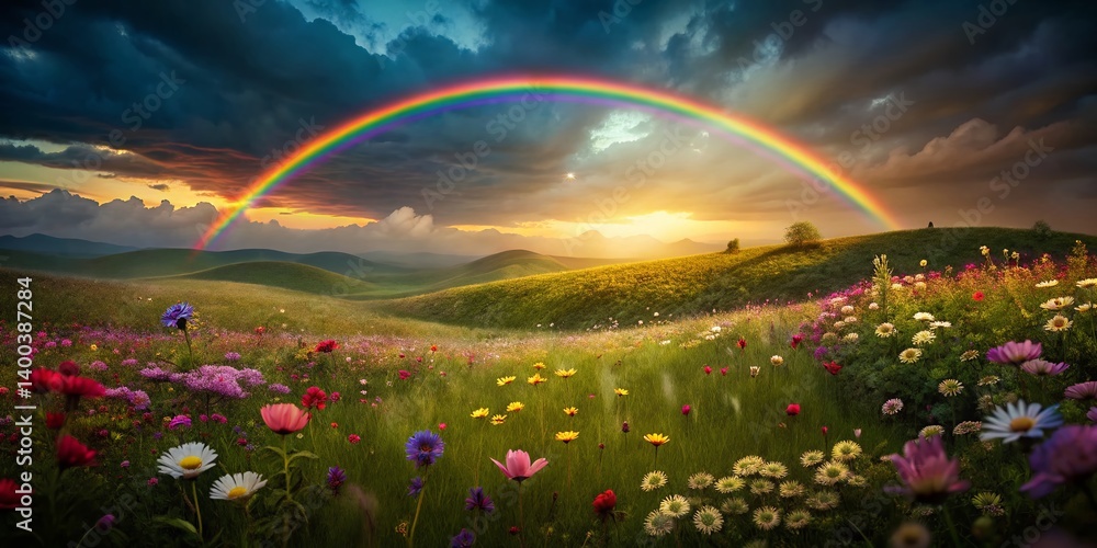 Naklejka premium Miniature Panorama: Vibrant Rainbow over Blooming Flower Field
