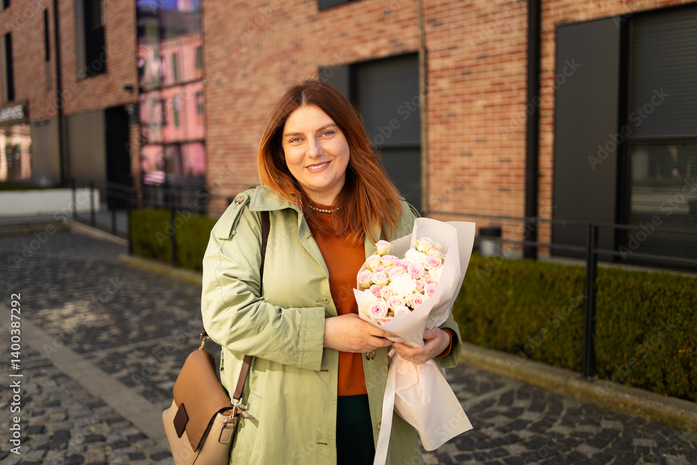 A joyful woman smiles as she holds a bouquet of flowers in an urban setting with modern brick buildings and greenery in the background. She's dressed stylishly in a green coat and brown accessories.