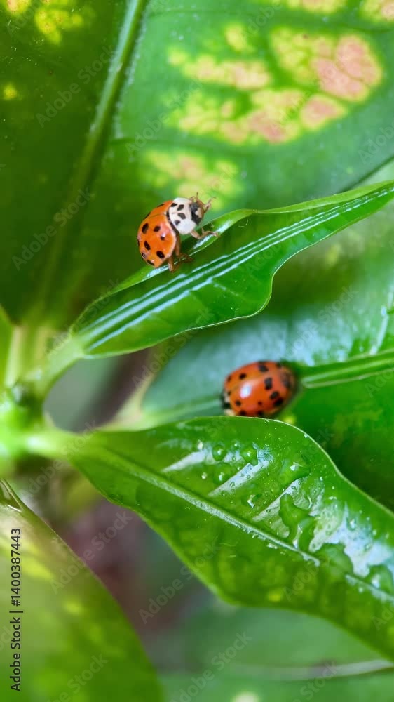 ladybird beetles, two ladybugs on green leaf closeup, macro nature insect photography ladybird beetles, two ladybugs on green leaf closeup, macro nature insect photography