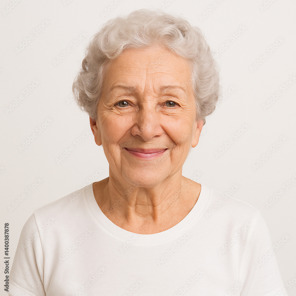 An elderly woman with gray curly hair, smiling kindly with gentle wrinkles, warm eyes. White background, portrait lighting. An elderly woman with gray curly hair, smiling kindly with gentle wrinkles, warm eyes. White background, portrait lighting.