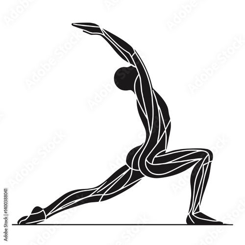 Minimalistic black-and-white illustration of a stretching figure in a lunge forward in clean vector style