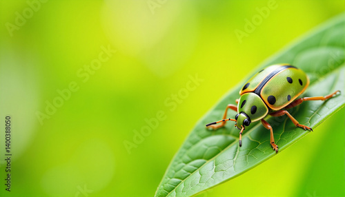 Colorful Green Beetle on Leaf Against Soft Green Background for Nature Blogs, Insect Education Websites, Environmental Awareness, and Macro Photography Content
