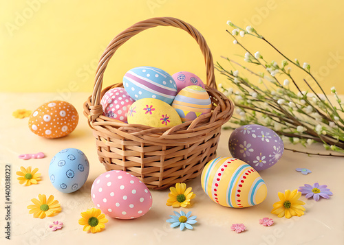 Happy Easter Day Decoration Colorful Eggs in a Nest on a Paper Background