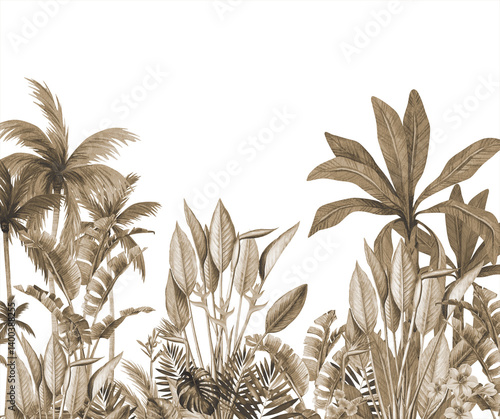 Fototapeta Naklejka Na Ścianę i Meble -  Vintage Sepia Jungle Scene with Tropical Palm Trees and Dense Foliage – Botanical Wall Art Illustration