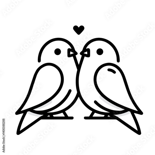 Minimalistic black-and-white illustration of two lovebirds with a heart in clean vector style