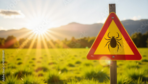 Warning Sign for Ticks in Natural Landscape with Sunlight for Health Awareness, Outdoor Education, Safety Resources, Nature Blogs, and Environmental Campaigns