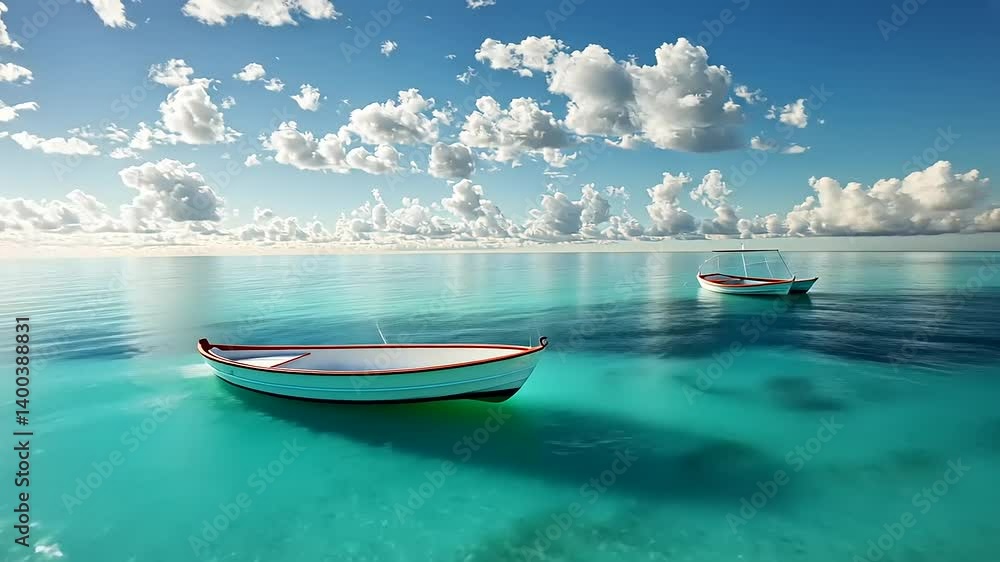 Turquoise sea boats resting. Calm water beneath cloudy sky. Serene ocean vista perfect for meditation Turquoise sea boats resting. Calm water beneath cloudy sky. Serene ocean vista perfect for meditation