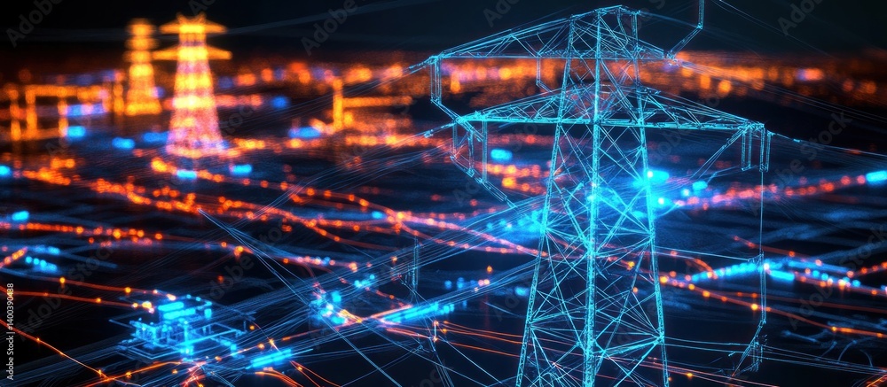 Futuristic power grid network over city at night. Futuristic power grid network over city at night.