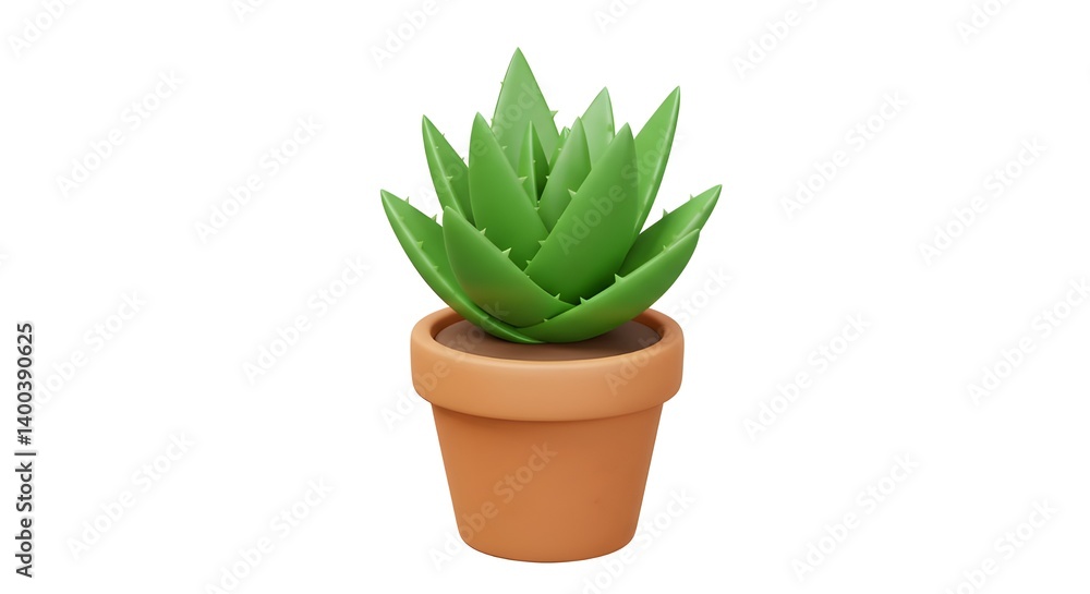 A vibrant aloe vera plant thrives in its terracotta pot, a symbol of resilience and natural beauty, showcased with a clean, simple 3D style. A vibrant aloe vera plant thrives in its terracotta pot, a symbol of resilience and natural beauty, showcased with a clean, simple 3D style.