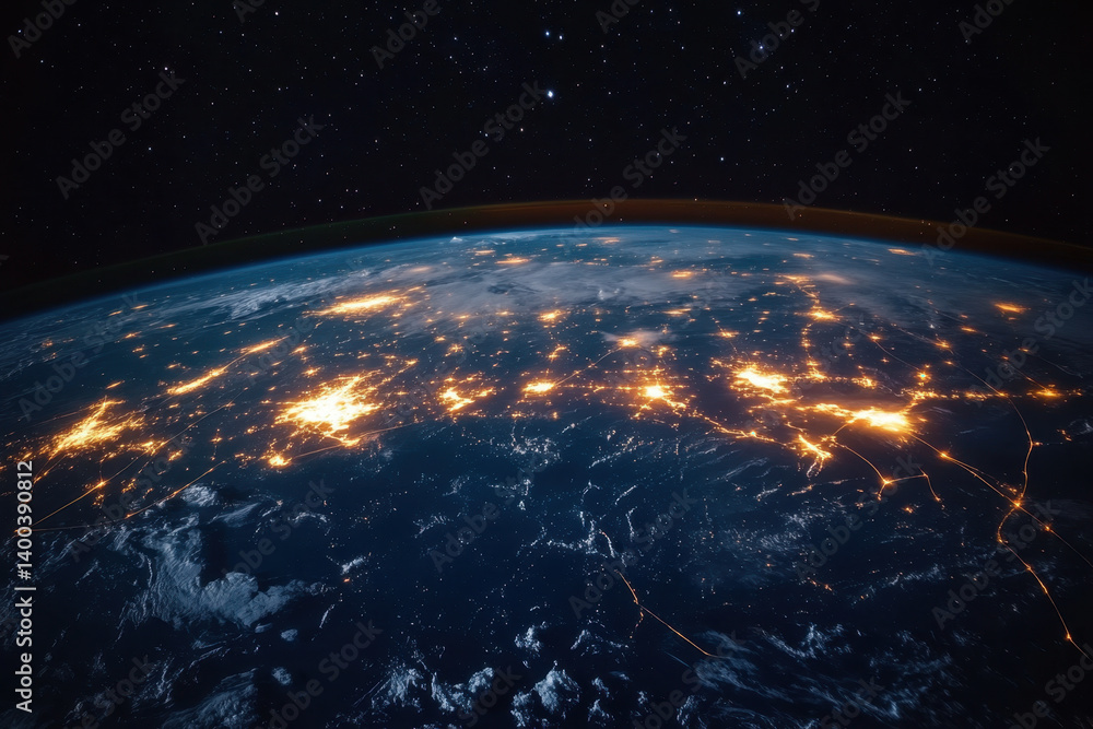 Obraz premium Earth at night: Glowing city lights illuminate the planet's urban centers, contrasting with the dark expanses of oceans and unlit landmasses.