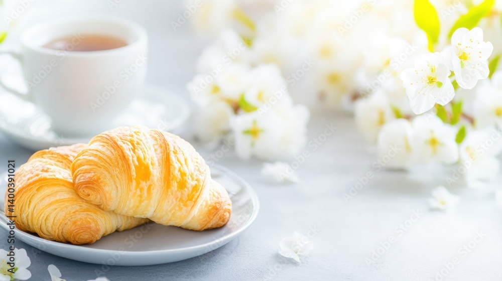 A flaky golden croissant sits alongside a warm cup of tea on a decorative plate. The setting is enhanced by vibrant white flowers, creating a cozy atmosphere perfect for relaxation A flaky golden croissant sits alongside a warm cup of tea on a decorative plate. The setting is enhanced by vibrant white flowers, creating a cozy atmosphere perfect for relaxation