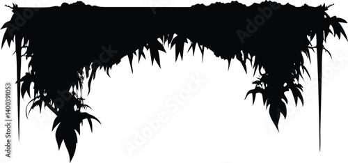 Black Silhouette of Tropical Leaves and Vines Against Transparent Background