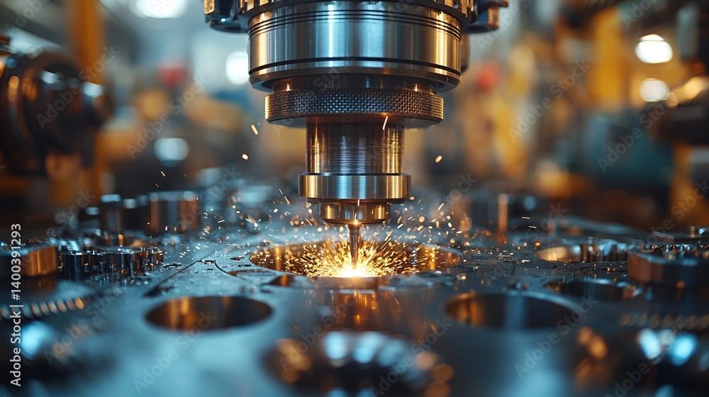 Close-up of industrial CNC machine drilling metal. Close-up of industrial CNC machine drilling metal.