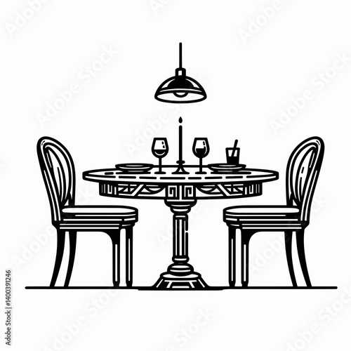 Minimalistic black-and-white illustration of elegant romantic dining table setup in clean vector style