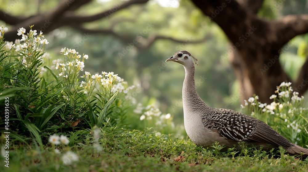 Elegant bird with unique plumage standing among vibrant wildflowers in a lush natural environment Elegant bird with unique plumage standing among vibrant wildflowers in a lush natural environment
