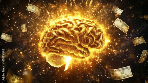 Glowing brain emitting gold aura on dark background with dollar signs and light particles, reflecting prosperity thinking