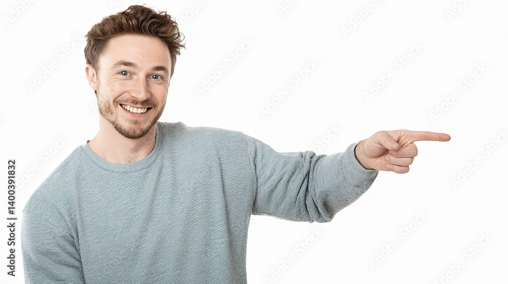 Cheerful Young Man Pointing with a Smile in Light Gray Sweater Cheerful Young Man Pointing with a Smile in Light Gray Sweater
