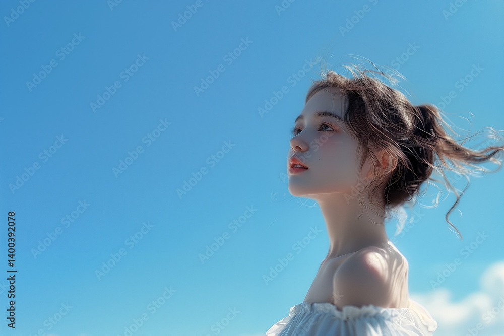 空を見上げる若いさわやかな女性 空を見上げる若いさわやかな女性