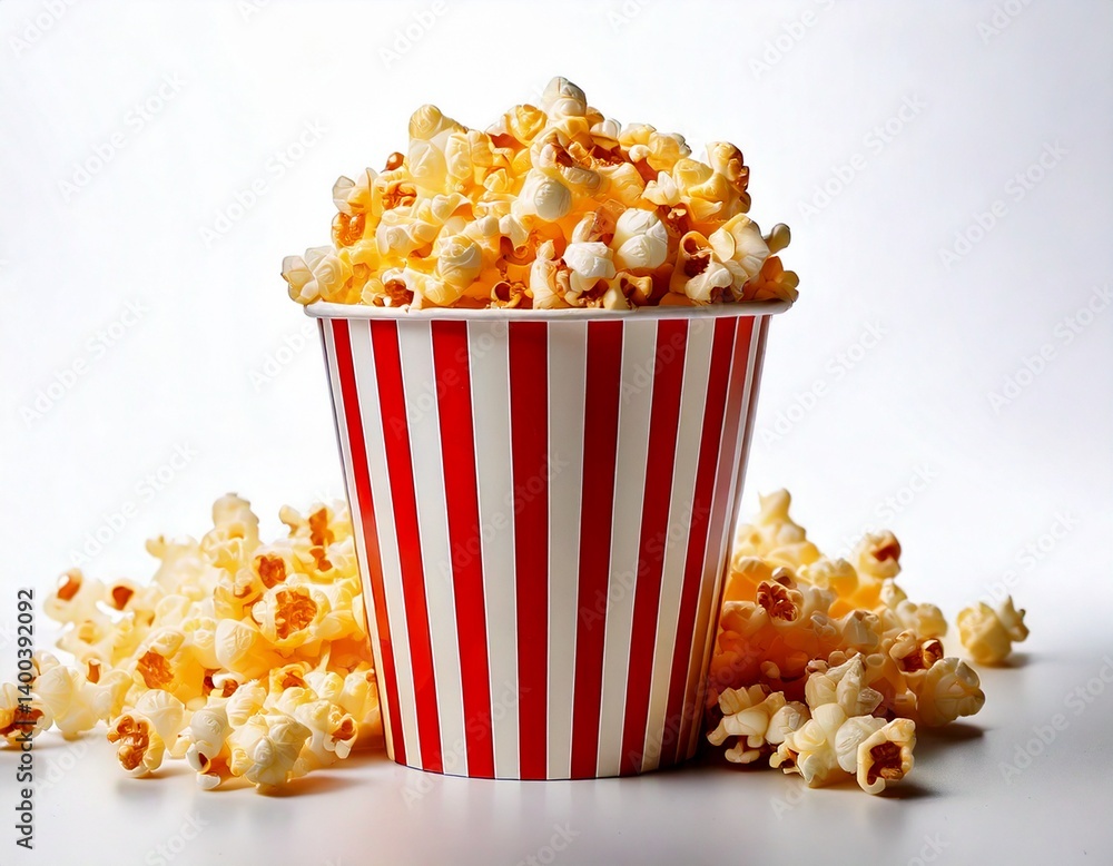Popcorn falling into a red striped paper cup, isolated on white background Popcorn falling into a red striped paper cup, isolated on white background
