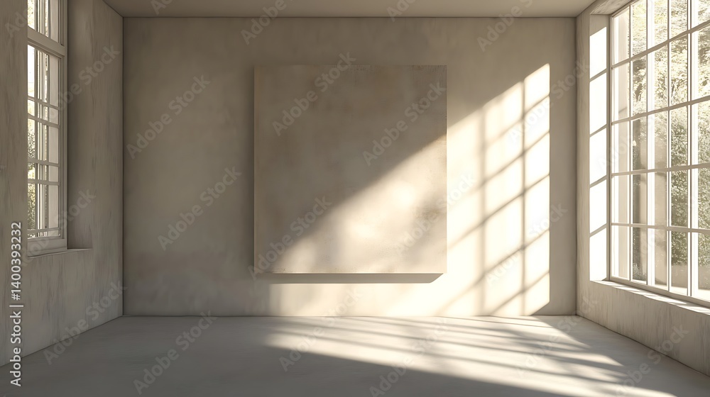 Obraz premium A sunlit, minimalist interior space with large windows.