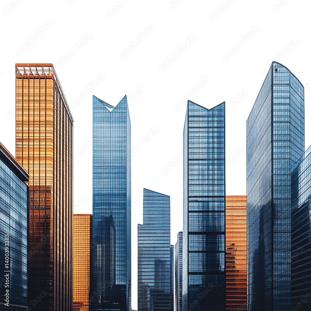 Obraz premium Modern skyscrapers architecture. Cool blues and grays buildings, steel and concrete construction, isolated on transparent background. Urban cityscape for corporate design.