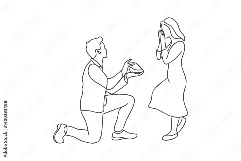 one line drawing of man proposing beautiful woman with a ring, vector one line drawing of man proposing beautiful woman with a ring, vector