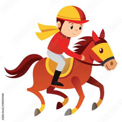 Cartoon Jockey Riding Horse Racing with Yellow Helmet and Red Shirt on White