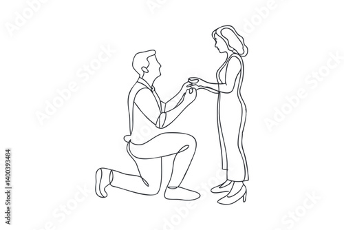 one line drawing of man proposing beautiful woman with a ring, vector 