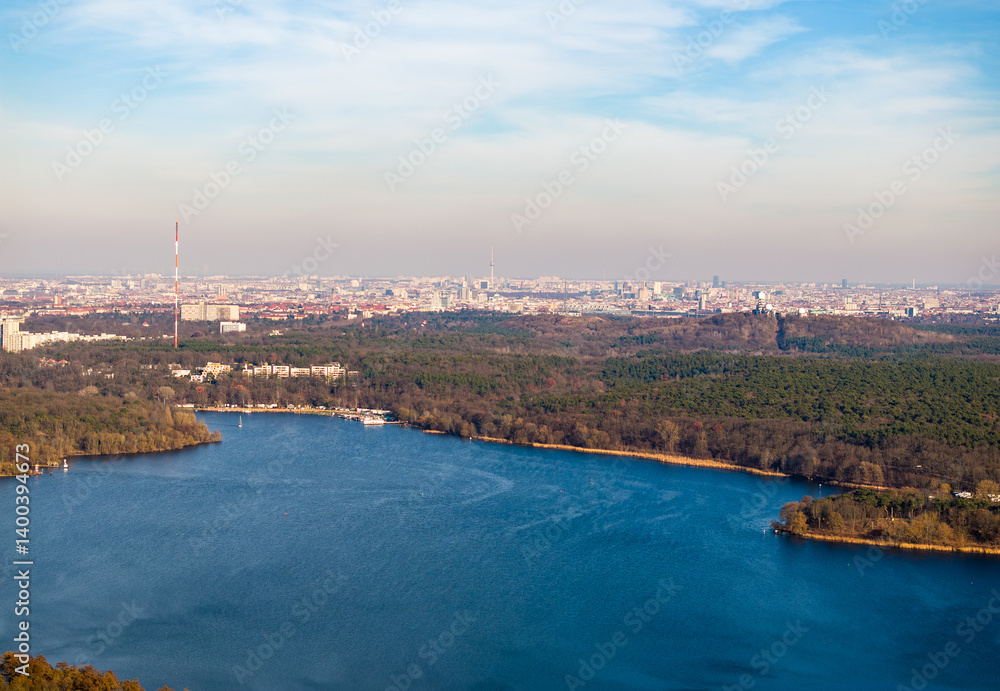 Obraz premium Berlin in Germany at a lake from the air