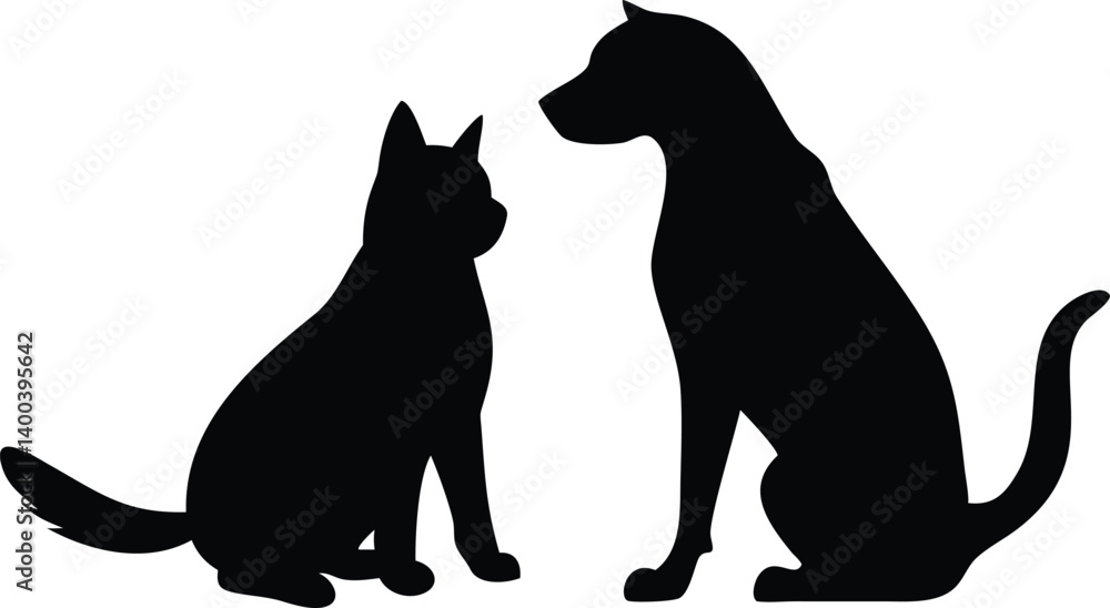 Cat and Dog Silhouette Sitting Facing Each Other on Transparent Background Cat and Dog Silhouette Sitting Facing Each Other on Transparent Background