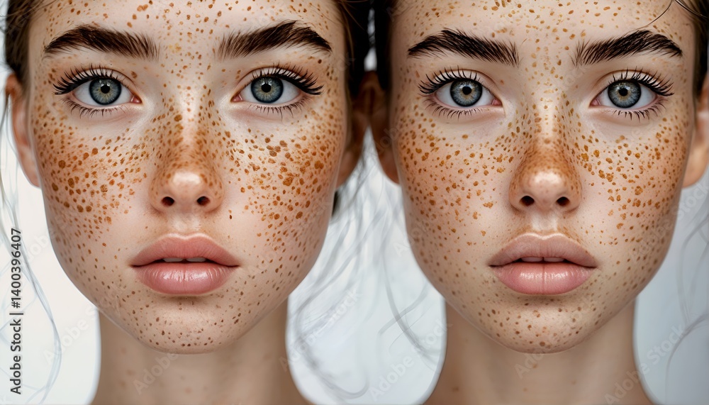 a strikingly symmetrical portrait of a woman with abundant freckles and captivating blue eyes against a blurred white background. a strikingly symmetrical portrait of a woman with abundant freckles and captivating blue eyes against a blurred white background.
