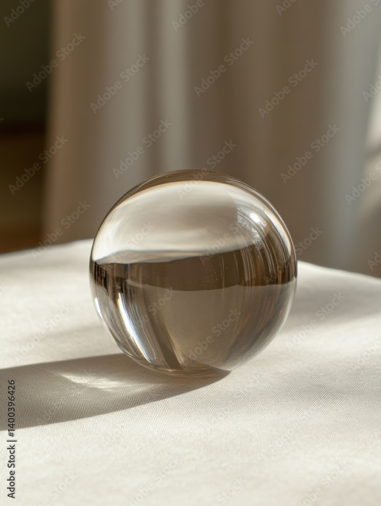 Crystal Ball on Soft White Fabric Surface with Natural Light and Shadow Play for Contemplation and Clarity Crystal Ball on Soft White Fabric Surface with Natural Light and Shadow Play for Contemplation and Clarity