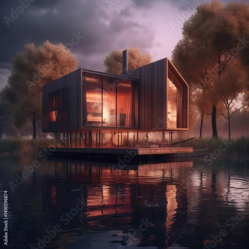 Obraz na płótnie Tranquil Retreat: Modern Lakeside Architecture w salonie