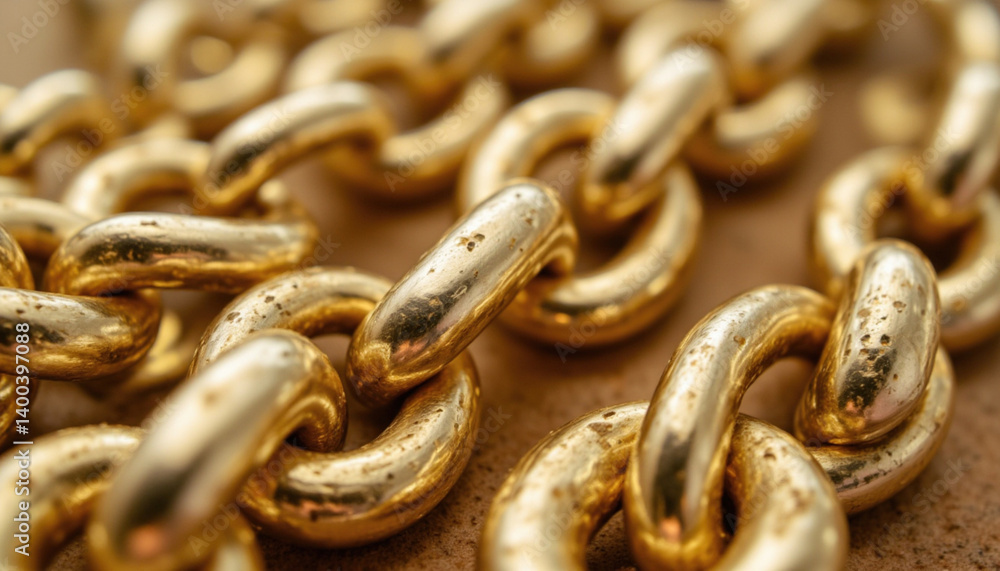 Close up of gold chain links showcasing their shiny surface and intricate design, evoking sense of luxury and elegance Close up of gold chain links showcasing their shiny surface and intricate design, evoking sense of luxury and elegance