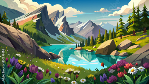 A serene alpine lake tucked between granite ridges, wildflowers blooming along its edge